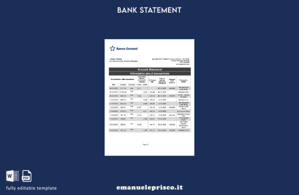 stile verificato Modello word di estratto conto generale del Panama Banco
